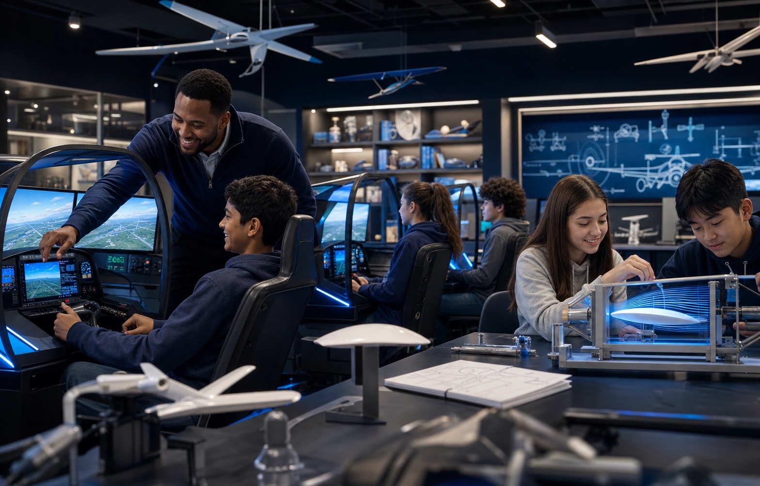 Students learning aviation concepts with simulators and hands-on laboratory equipment